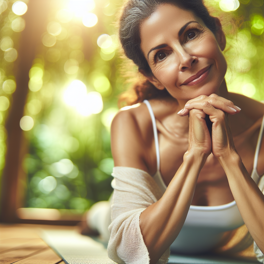 Mujer de mediana edad sonriendo serenamente, practicando yoga en un entorno natural y luminoso.