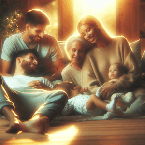 Una familia sonriente y relajada compartiendo un momento agradable juntos, representando la armonía y el manejo del estrés familiar.
