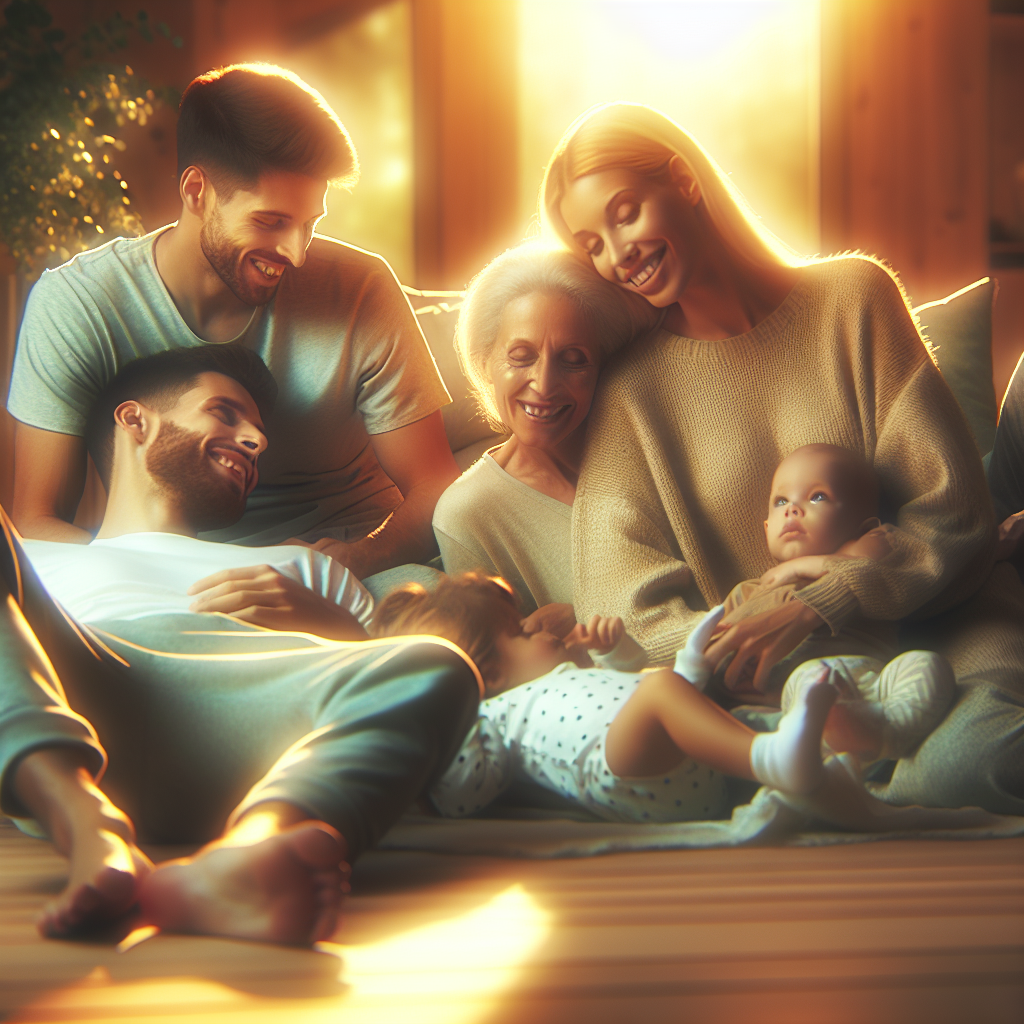 Una familia sonriente y relajada compartiendo un momento agradable juntos, representando la armonía y el manejo del estrés familiar.