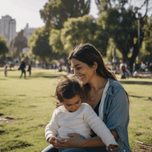 Una mujer chilena, sonriendo con tranquilidad mientras juega con su hijo en un parque, con la ciudad al fondo ligeramente desenfocada; refleja la armonía entre vida familiar y laboral.