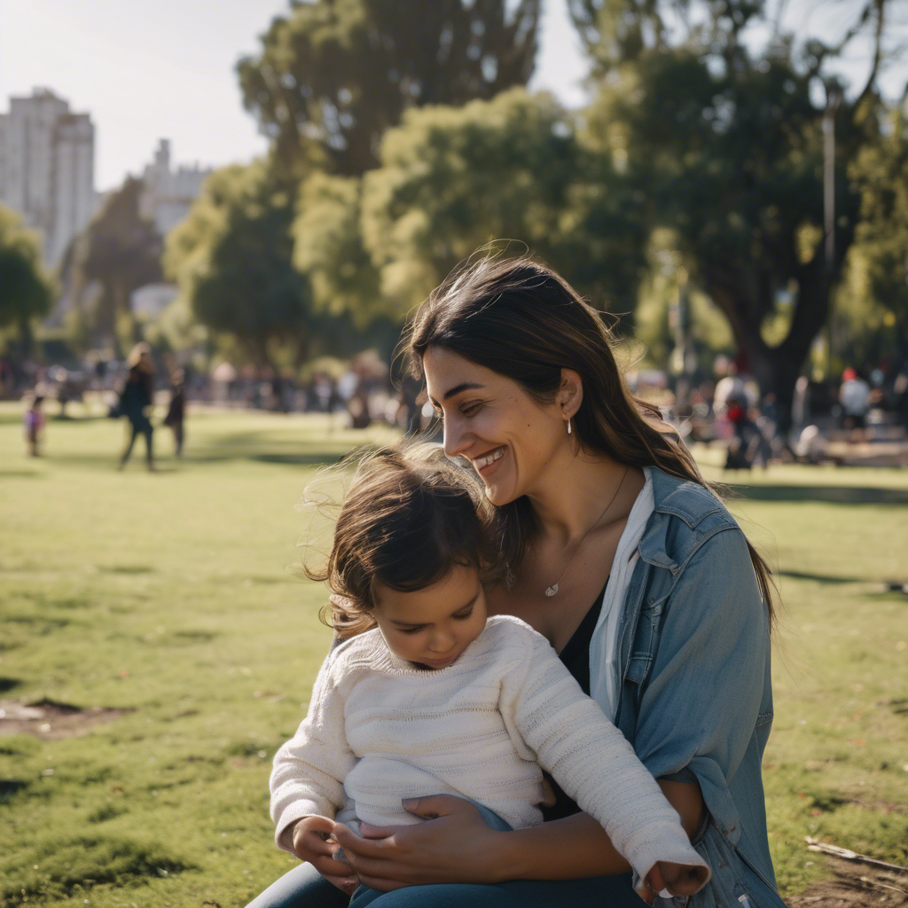 Una mujer chilena, sonriendo con tranquilidad mientras juega con su hijo en un parque, con la ciudad al fondo ligeramente desenfocada; refleja la armonía entre vida familiar y laboral.