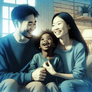 Una familia feliz, padres e hijo con necesidades especiales, sonriendo y disfrutando de un momento juntos en un entorno cálido y acogedor.