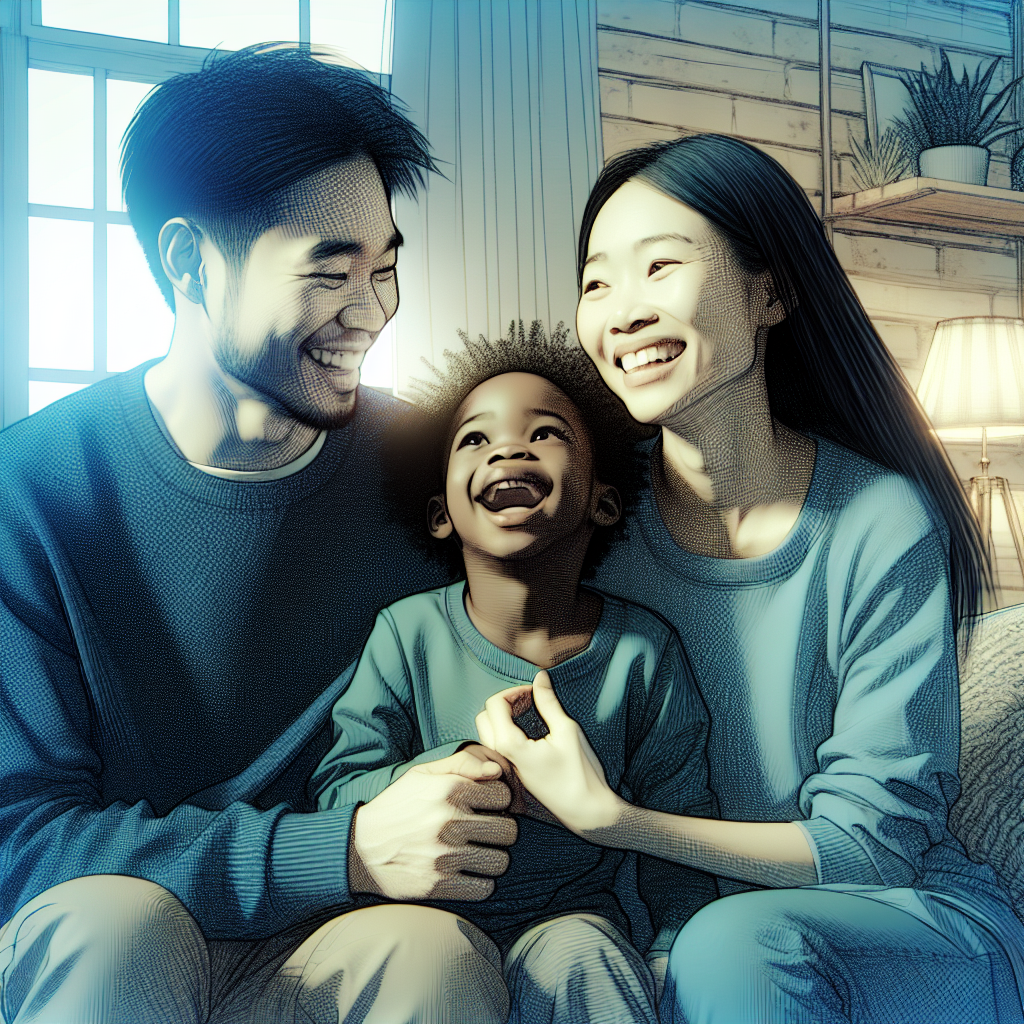 Una familia feliz, padres e hijo con necesidades especiales, sonriendo y disfrutando de un momento juntos en un entorno cálido y acogedor.