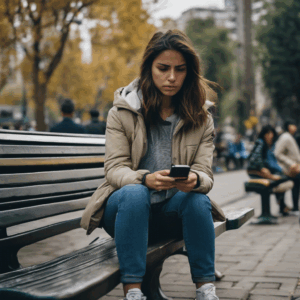 Una mujer chilena joven, con expresión de agitación y mirada perdida, sentada en una banca de parque, rodeada de un borroso bullicio urbano, con las manos temblorosas y sujetando un teléfono celular.