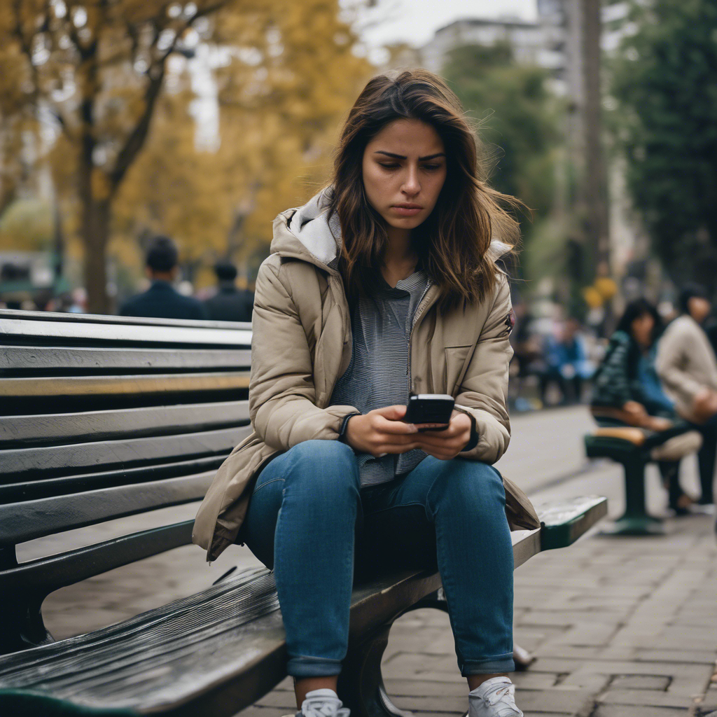 Una mujer chilena joven, con expresión de agitación y mirada perdida, sentada en una banca de parque, rodeada de un borroso bullicio urbano, con las manos temblorosas y sujetando un teléfono celular.