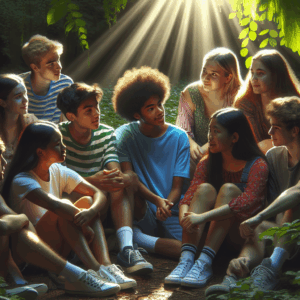 Adolescentes conversando en un entorno natural, mostrando apoyo emocional