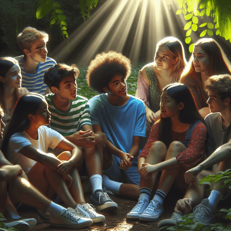 Adolescentes conversando en un entorno natural, mostrando apoyo emocional