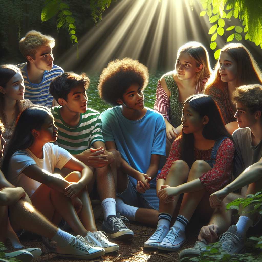 Adolescentes conversando en un entorno natural, mostrando apoyo emocional