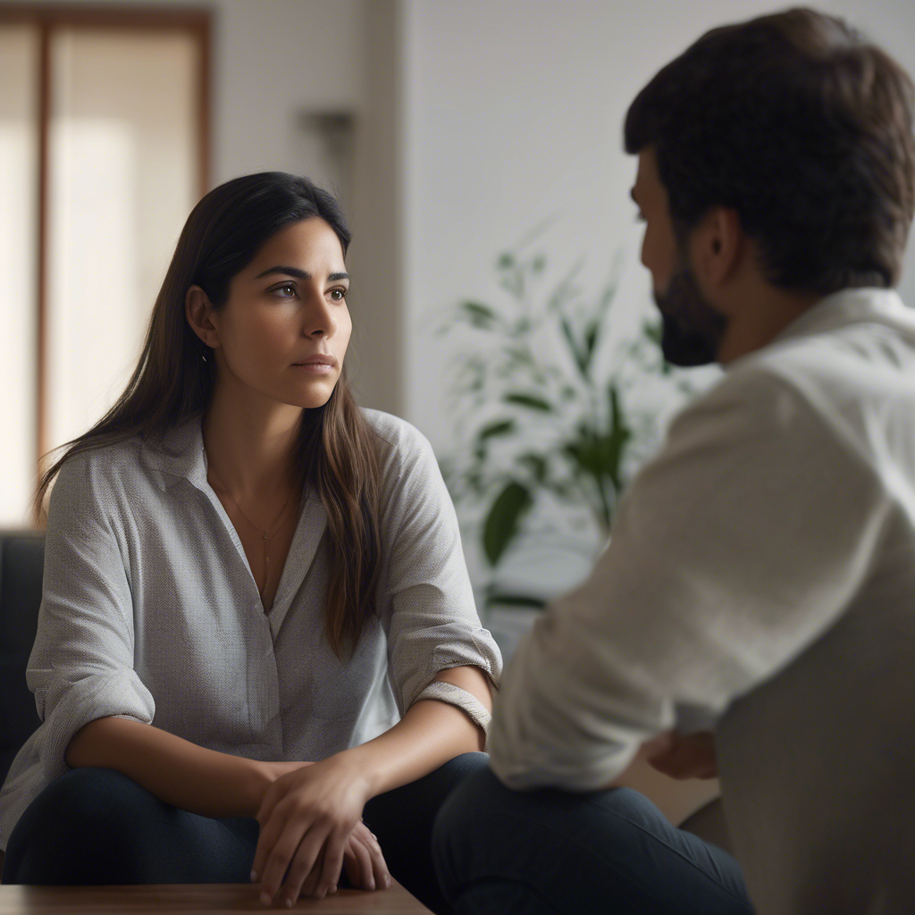 Mujer chilena reflexionando en una sesión de terapia, mostrando una expresión de calma y determinación a pesar de la evidente preocupación.