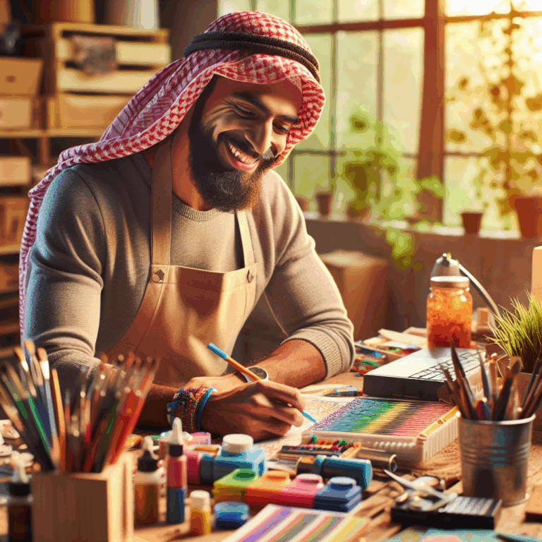 Una persona trabaja concentrada en un proyecto creativo, sonriendo a pesar de los desafíos, rodeada de herramientas y materiales artísticos.