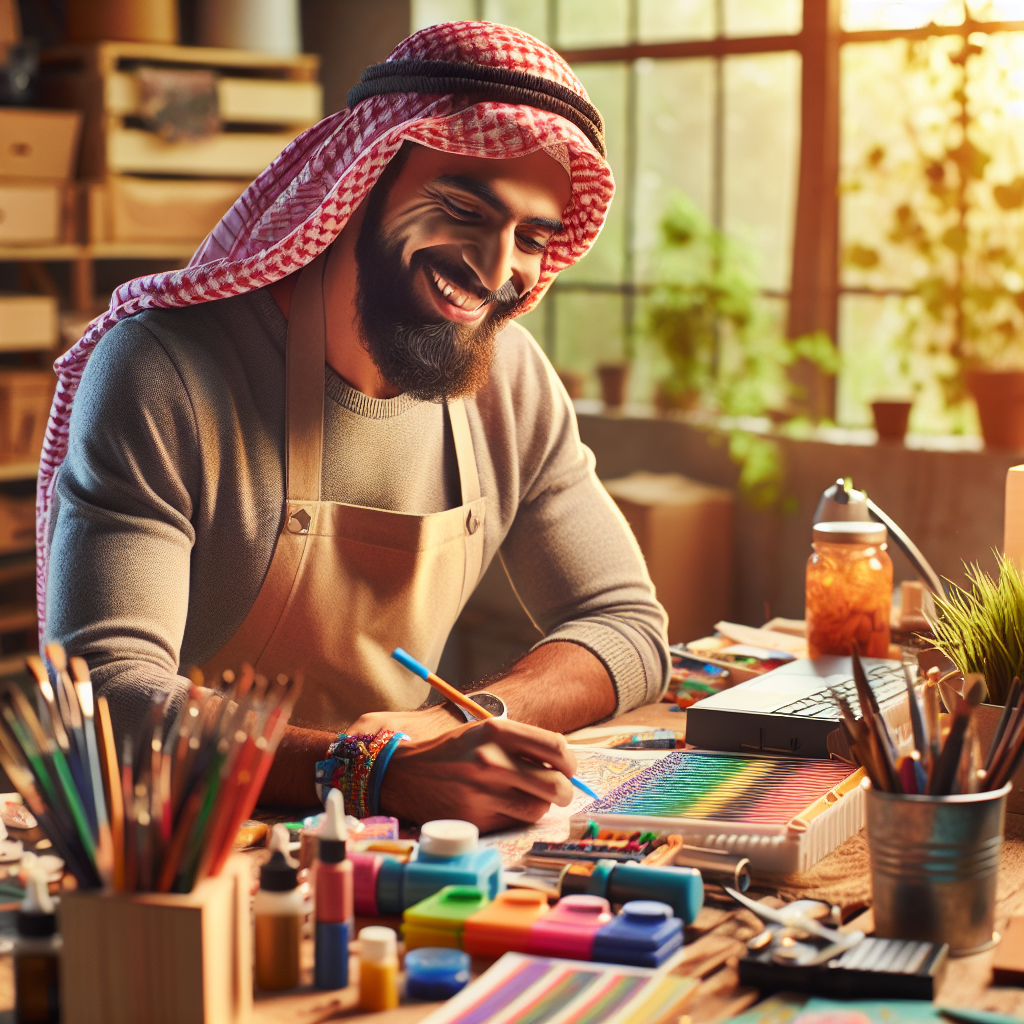 Una persona trabaja concentrada en un proyecto creativo, sonriendo a pesar de los desafíos, rodeada de herramientas y materiales artísticos.