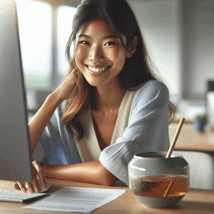 Una persona sonriendo tranquilamente mientras trabaja en su ordenador, con una taza de té a su lado, en una oficina moderna y luminosa.