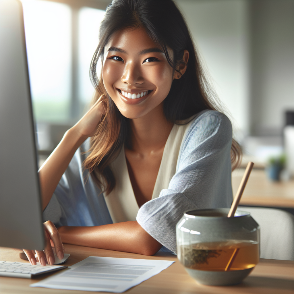 Una persona sonriendo tranquilamente mientras trabaja en su ordenador, con una taza de té a su lado, en una oficina moderna y luminosa.
