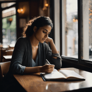Mujer chilena en una cafetería reflexionando sobre su futuro profesional