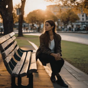 Mujer chilena reflexionando en un parque durante el atardecer, en medio de un momento de incertidumbre.