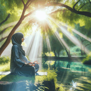 Mujer embarazada meditando en un entorno natural