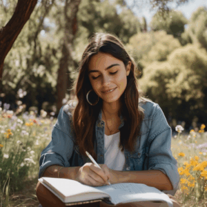 Una mujer chilena joven, con expresión de serenidad y confianza,  abre un cuaderno de notas donde ha escrito frases positivas sobre sí misma, sentada en un parque soleado con flores silvestres alrededor. Se observa una sutil sonrisa en sus labios.