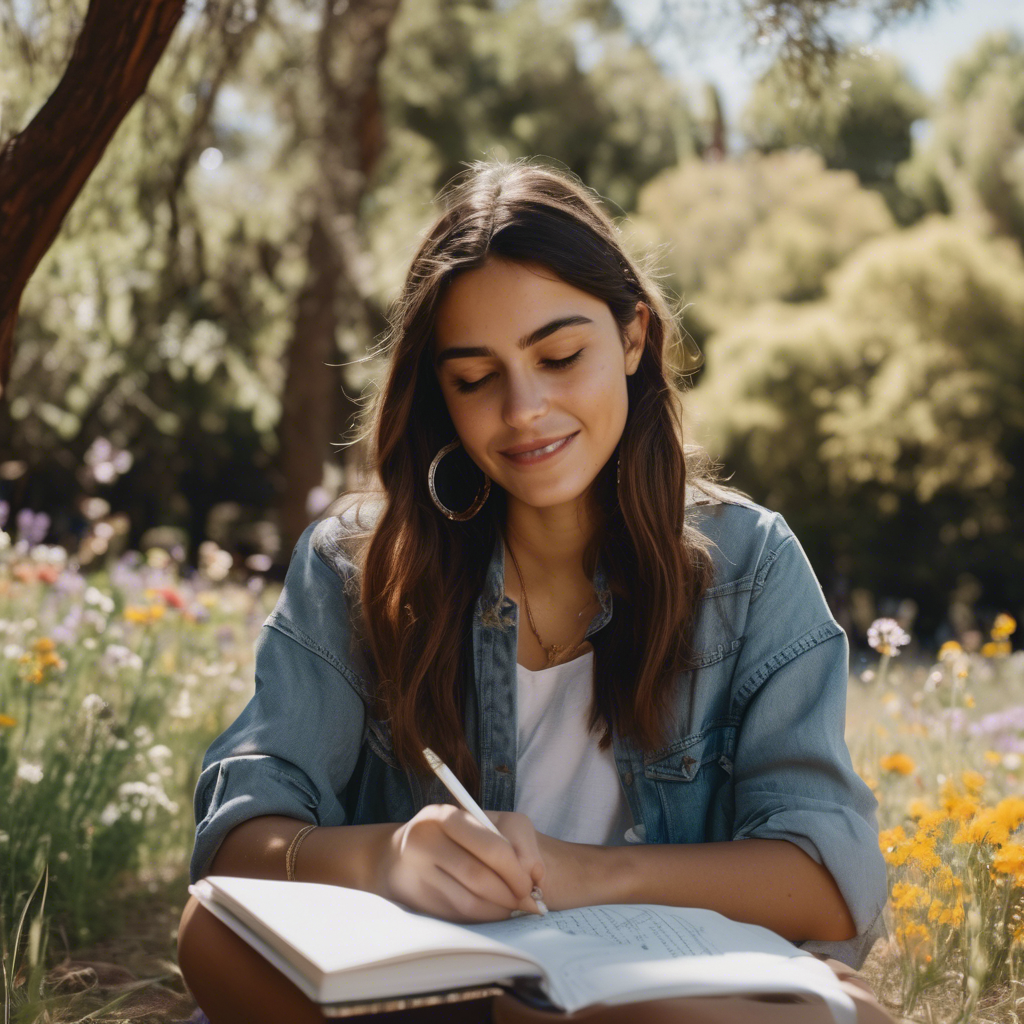 Una mujer chilena joven, con expresión de serenidad y confianza,  abre un cuaderno de notas donde ha escrito frases positivas sobre sí misma, sentada en un parque soleado con flores silvestres alrededor. Se observa una sutil sonrisa en sus labios.