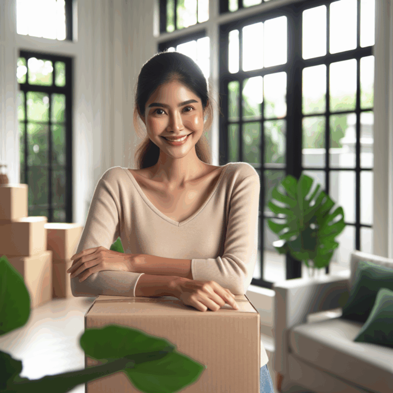 Una persona sonriendo tranquilamente mientras desempaqueta cajas en su nueva casa, rodeada de luz natural y plantas.