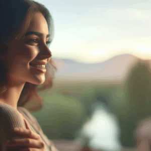 Una persona sonriendo con serenidad, mirando al horizonte con un fondo natural borroso.