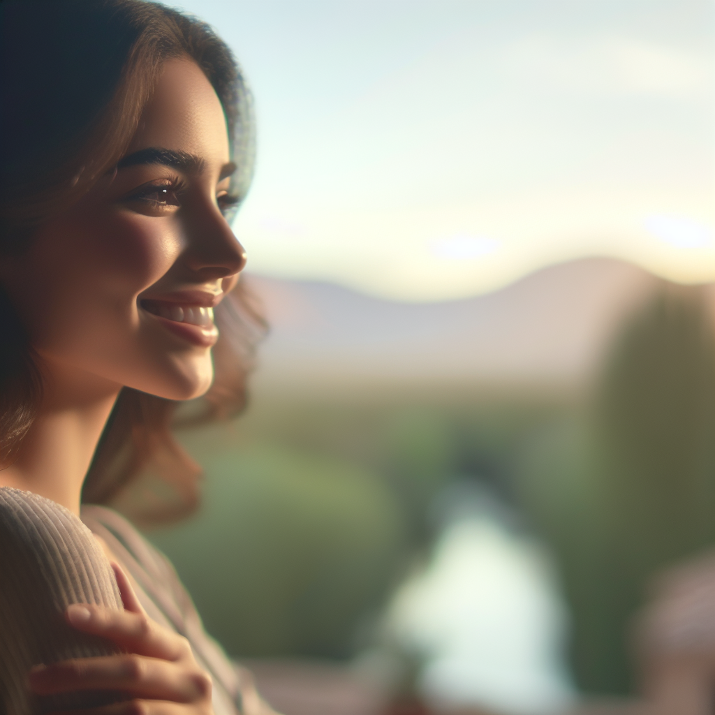 Una persona sonriendo con serenidad, mirando al horizonte con un fondo natural borroso.
