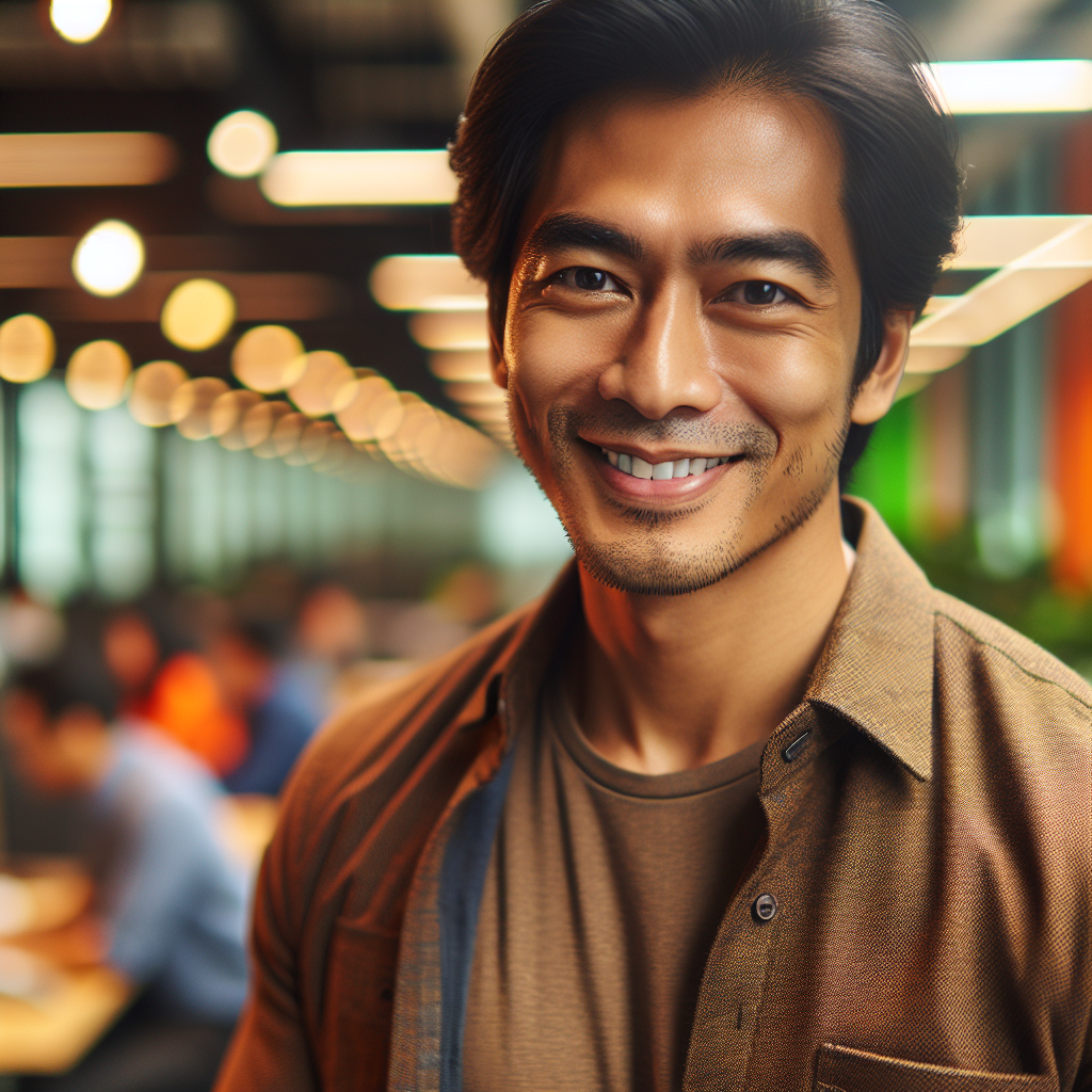 Una persona sonriendo con seguridad, mirando al frente con un fondo borroso que representa un ambiente de trabajo positivo y luminoso.