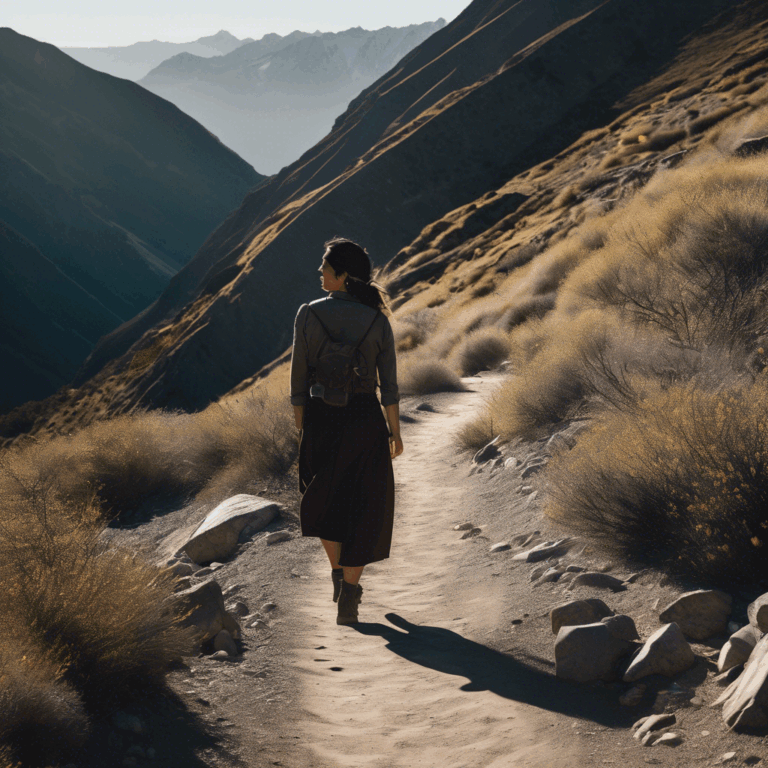 Mujer chilena con expresión serena y confiada, caminando por un sendero soleado de montaña, dejando atrás una sombra oscura que representa el acoso laboral silencioso.