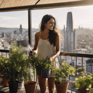 Mujer chilena joven, sonriendo con tranquilidad mientras riega plantas en un balcón soleado con vista a la ciudad.  Expresa serenidad y autocuidado tras un periodo de burnout.