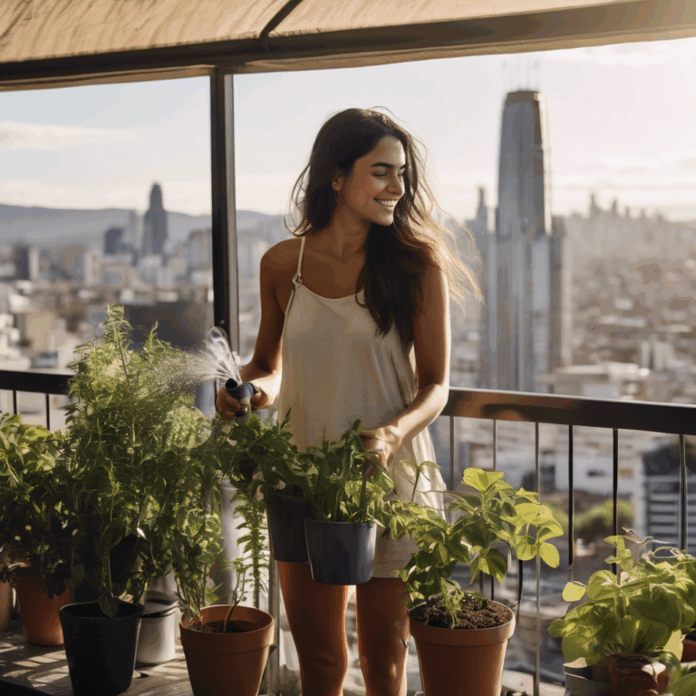 Mujer chilena joven, sonriendo con tranquilidad mientras riega plantas en un balcón soleado con vista a la ciudad.  Expresa serenidad y autocuidado tras un periodo de burnout.