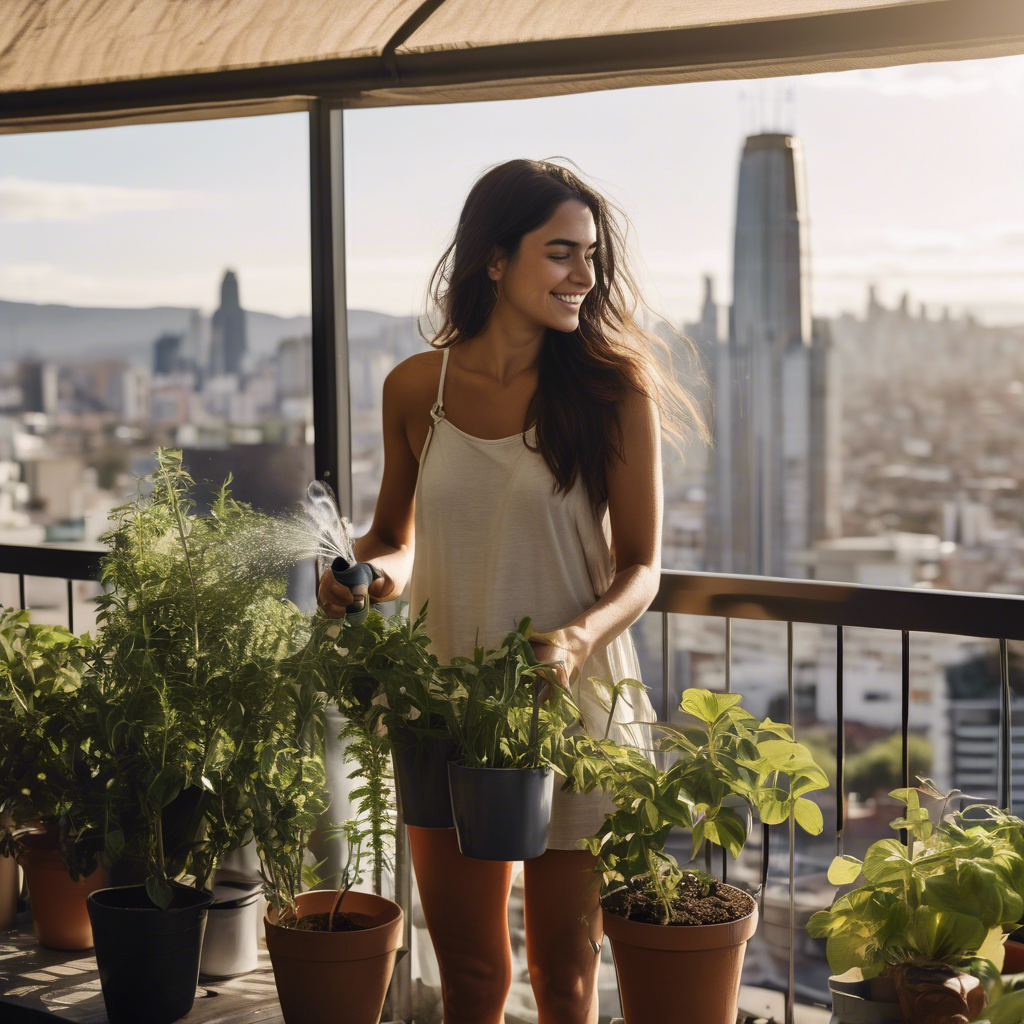 Mujer chilena joven, sonriendo con tranquilidad mientras riega plantas en un balcón soleado con vista a la ciudad.  Expresa serenidad y autocuidado tras un periodo de burnout.