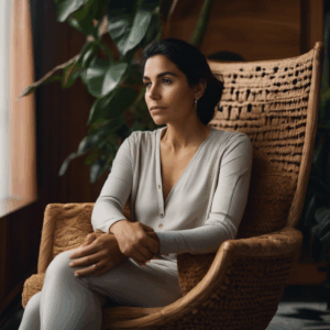 Una mujer latina, con rasgos faciales realistas y una expresión pensativa pero esperanzadora, sentada en un sillón confortable durante una sesión de terapia psicológica. La escena está iluminada con luz natural, creando un ambiente cálido y seguro.