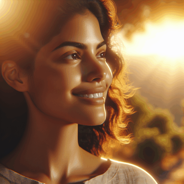 Una mujer sonriendo con confianza, mirando al futuro con esperanza, rodeada de luz cálida.