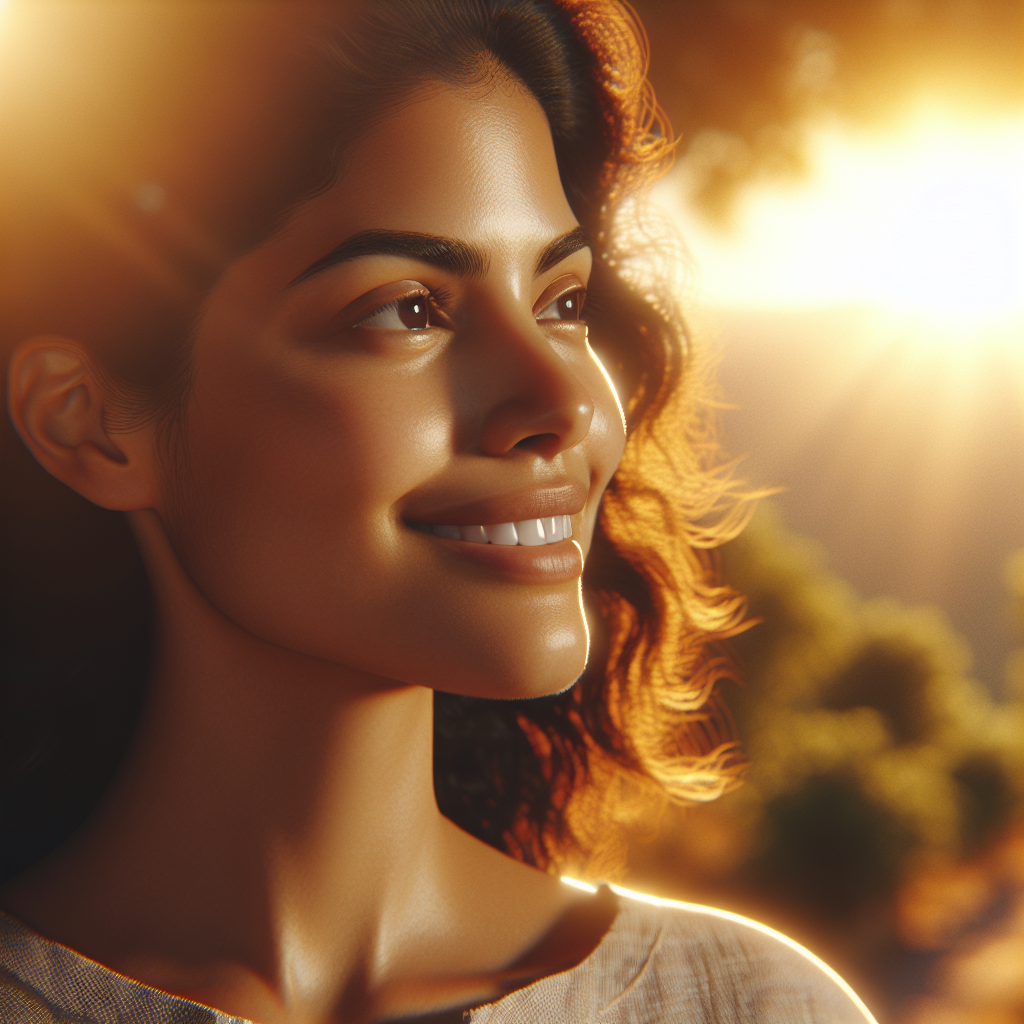 Una mujer sonriendo con confianza, mirando al futuro con esperanza, rodeada de luz cálida.