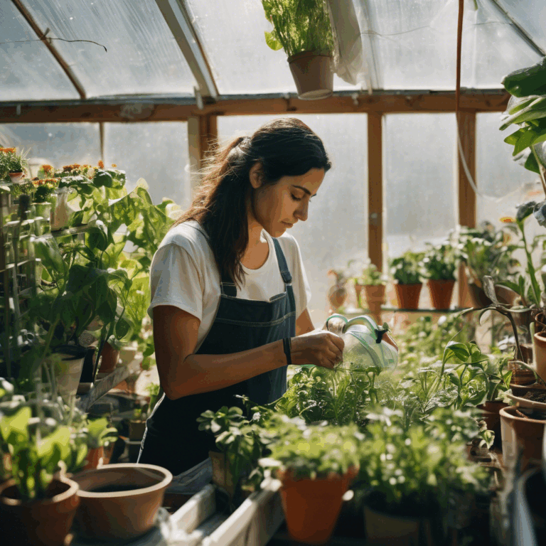 Una mujer chilena, con expresión de determinación y esperanza en sus ojos, está regando cuidadosamente unas plantas jóvenes en un pequeño invernadero casero, con luz natural entrando por los ventanales. Fondo ligeramente desenfocado.