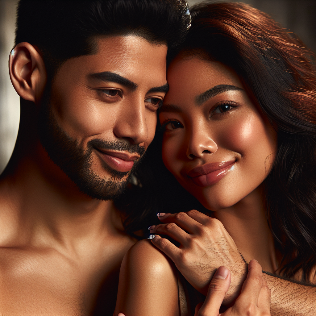 Una pareja abrazada, sonriendo con ternura, mostrando una conexión emocional profunda y segura.