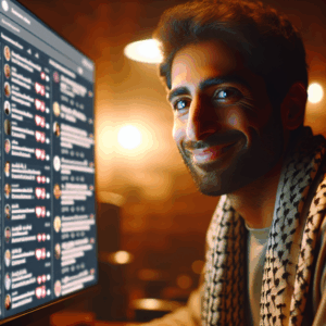 Persona sonriendo confiadamente frente a una pantalla de computadora con comentarios positivos y negativos en redes sociales, representando la resiliencia y la gestión emocional.