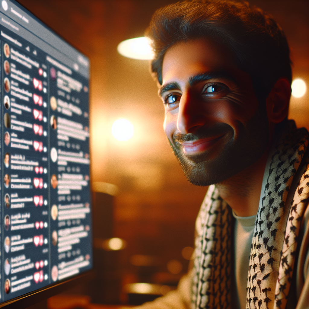 Persona sonriendo confiadamente frente a una pantalla de computadora con comentarios positivos y negativos en redes sociales, representando la resiliencia y la gestión emocional.