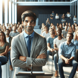 Persona sonriendo y segura dando una presentación ante una audiencia atenta en un auditorio moderno y luminoso.