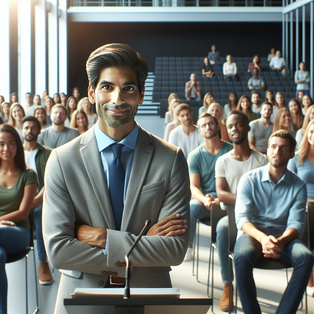 Persona sonriendo y segura dando una presentación ante una audiencia atenta en un auditorio moderno y luminoso.