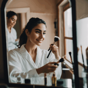 Una mujer chilena joven, con el cabello recogido, se mira al espejo sonriendo con confianza, sosteniendo un pincel de maquillaje. El reflejo muestra un espacio luminoso y ordenado, sugiriendo un ambiente de autocuidado y aceptación.