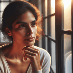Una persona adulta reflexiona serenamente mirando por la ventana, con una luz cálida iluminando su rostro, simbolizando la paz interior tras superar un desafío.