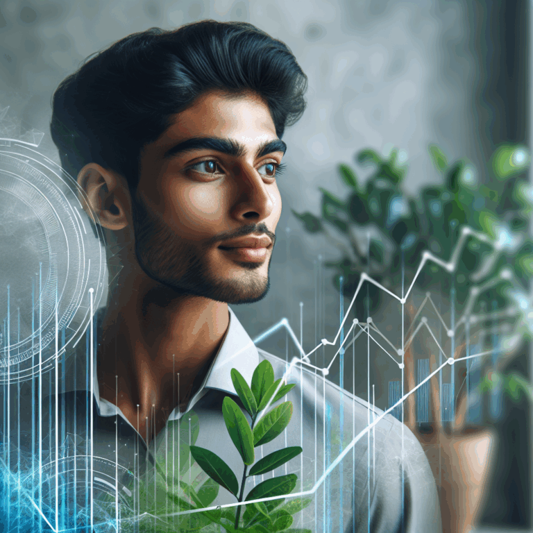 Una persona joven, con una expresión de serenidad y confianza, mirando hacia el futuro con optimismo, rodeado de elementos que representan el crecimiento financiero como plantas creciendo o gráficos de progreso.