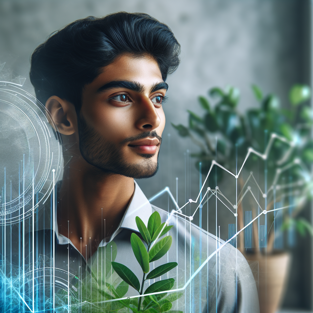 Una persona joven, con una expresión de serenidad y confianza, mirando hacia el futuro con optimismo, rodeado de elementos que representan el crecimiento financiero como plantas creciendo o gráficos de progreso.