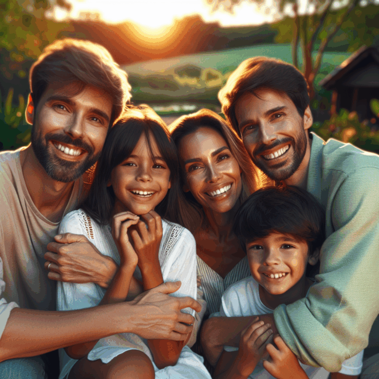Una familia abrazándose y sonriendo, mostrando reconciliación y paz después de un momento de conflicto.