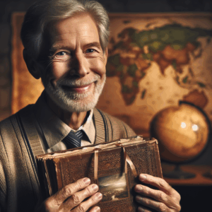 Una persona mayor, sonriente y serena, mirando un álbum de fotos antiguas de viajes, con un mapa del mundo en el fondo.  La imagen evoca nostalgia y paz.