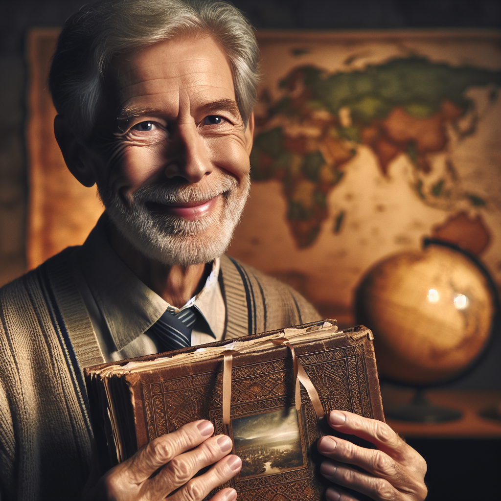 Una persona mayor, sonriente y serena, mirando un álbum de fotos antiguas de viajes, con un mapa del mundo en el fondo.  La imagen evoca nostalgia y paz.