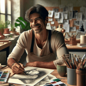 Una persona sentada en un escritorio, sonriendo serenamente, rodeada de bocetos, pinturas y materiales de arte, con una taza de café a un lado.  La expresión facial transmite calma y aceptación.