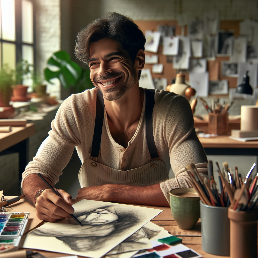 Una persona sentada en un escritorio, sonriendo serenamente, rodeada de bocetos, pinturas y materiales de arte, con una taza de café a un lado.  La expresión facial transmite calma y aceptación.