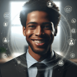 Una persona sonriendo con confianza frente a una pantalla de ordenador, rodeada de iconos de redes sociales.