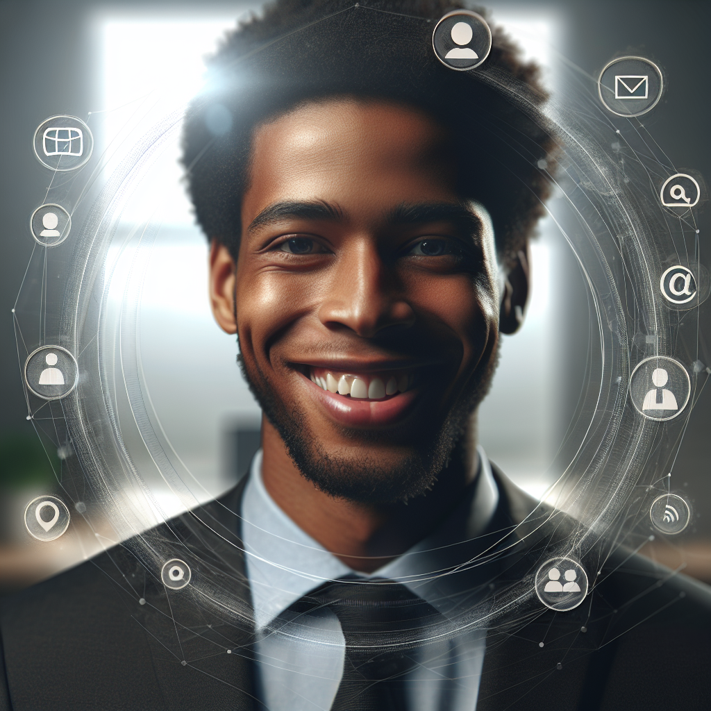 Una persona sonriendo con confianza frente a una pantalla de ordenador, rodeada de iconos de redes sociales.